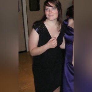 Maggy London faux wrap studded sheath dress vintage cap sleeve LBD